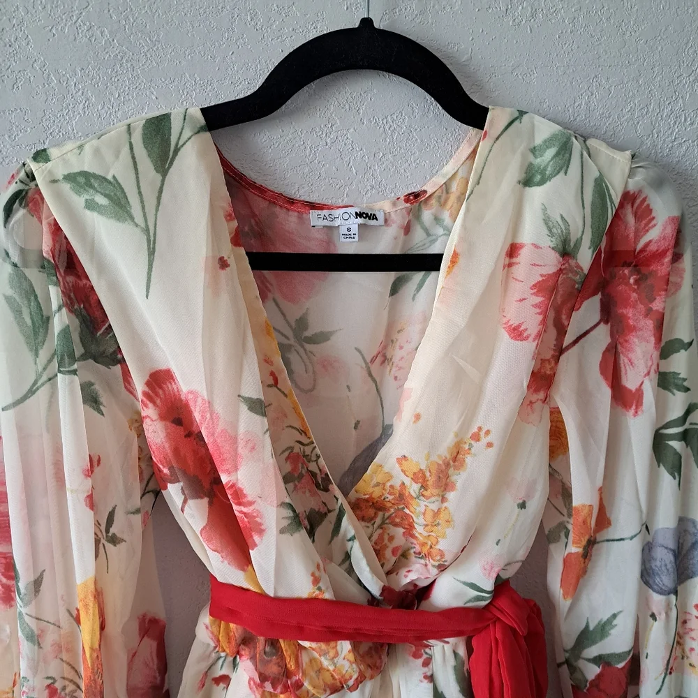 Fashion Nova Cream Floral Jumpsuit with Red Belt - Picture 3 of 5